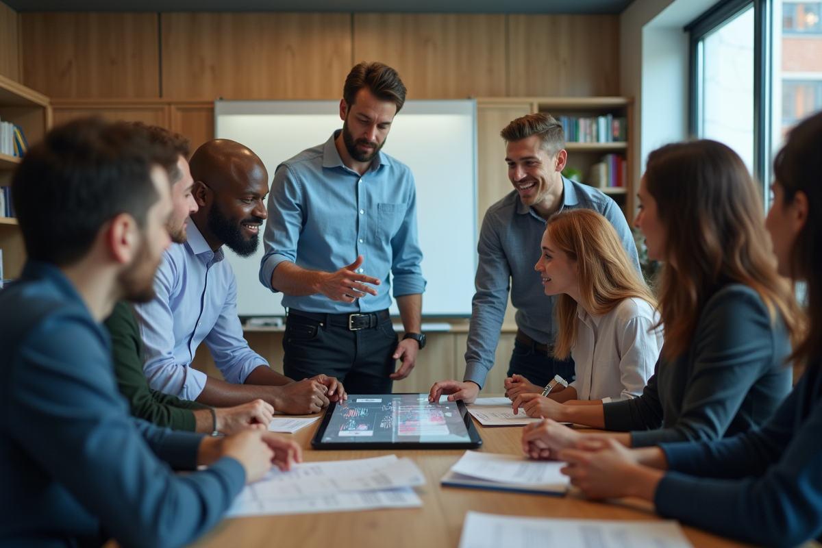Groupe diversifié en formation avec écran tactile dans une salle moderne