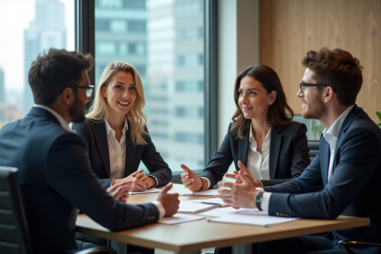 Groupe de quatre adultes en réunion de travail en bureau