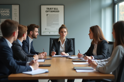Groupe de jeunes adultes en r&eacute;union de travail en entreprise