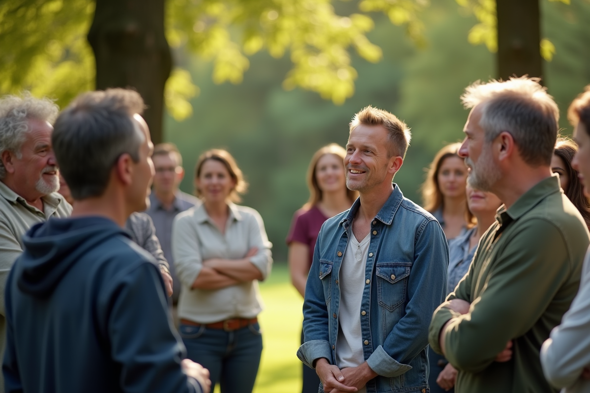 Groupe diversifié de personnes discutant en plein air dans un parc