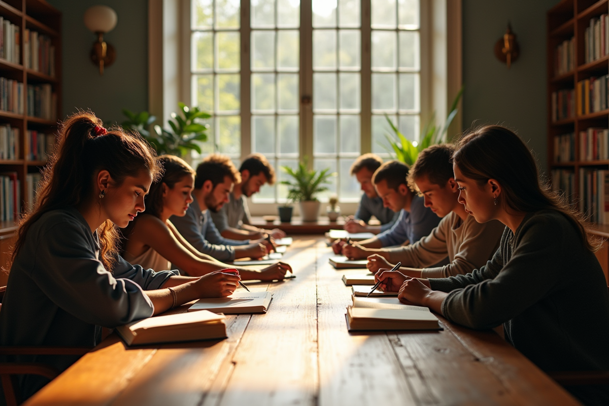 Groupe divers lisant des livres autour d'une table lumineuse