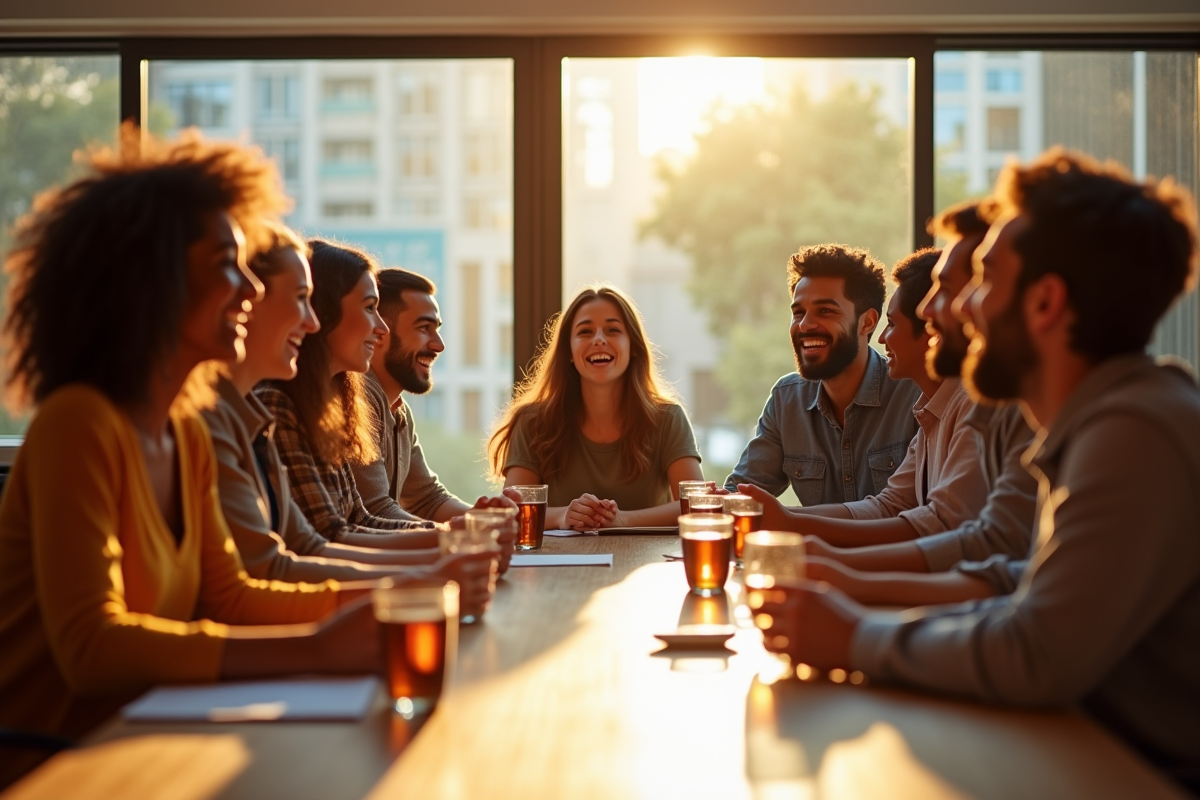 Groupe divers de personnes autour d'une table disant un mot