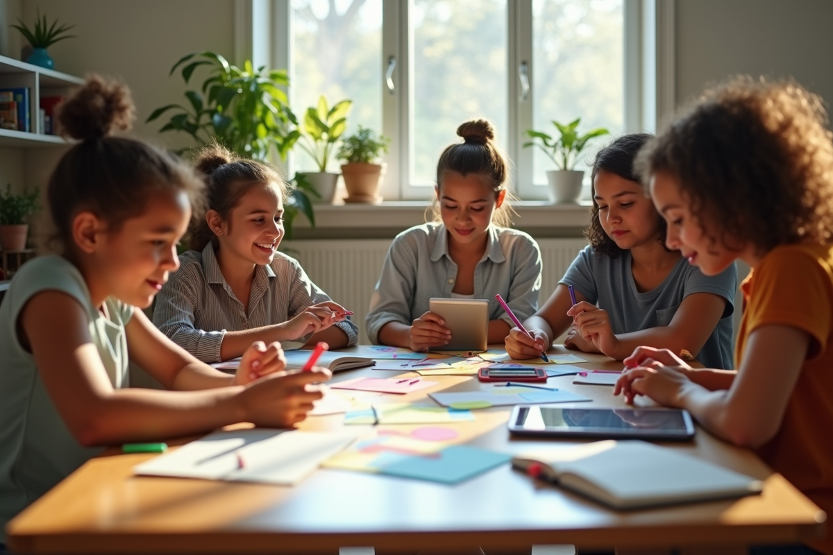 Groupe d'enseignants et d'élèves collaborant dans une classe lumineuse