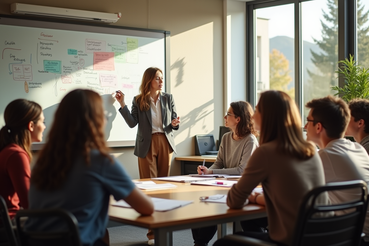 Groupe d'étudiants en discussion en classe avec un professeur passionne