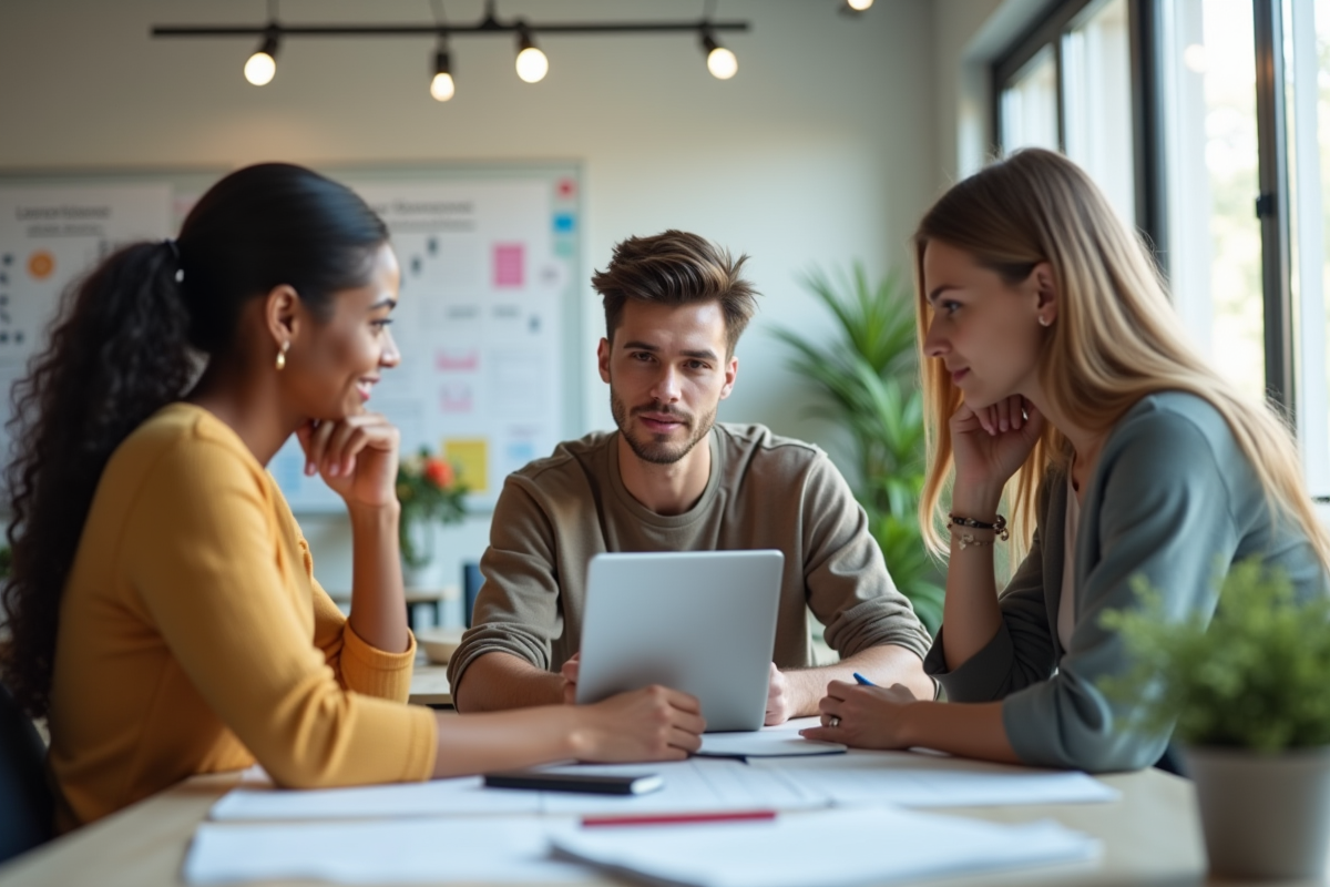 Groupe diversifié en formation sur la paie en classe