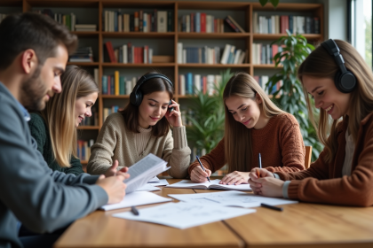 Groupe de jeunes &eacute;tudiants dans une biblioth&egrave;que moderne