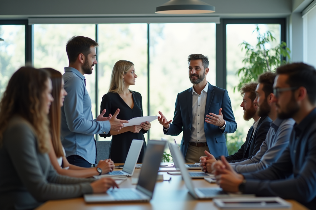 Groupe de professionnels en bureau moderne illustrant le leadership