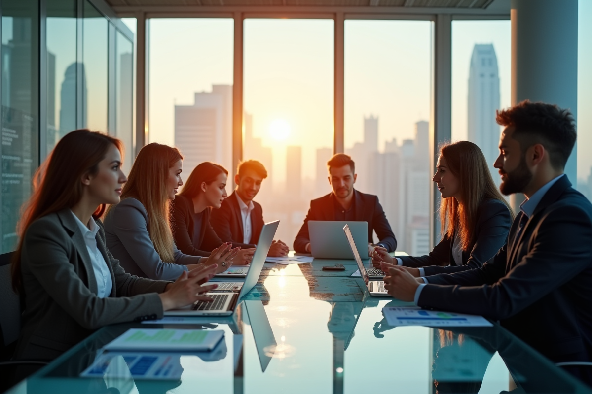 Groupe de jeunes professionnels en finance dans un bureau moderne