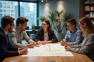 Groupe de professionnels en réunion d'équipe dans un bureau moderne