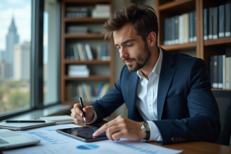 Jeune homme d'affaires en costume bleu analysant des graphiques