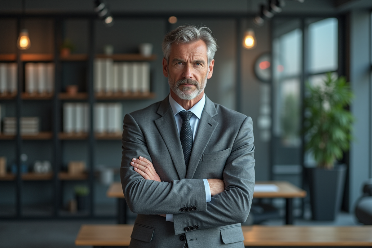 Homme d'affaires en costume gris dans un bureau moderne