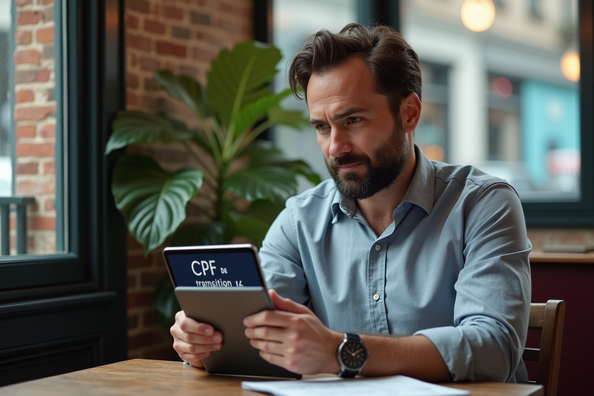 Homme détendu utilisant une tablette avec CPF de transition
