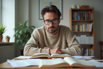 Homme pensif dans son étude avec livres et notes