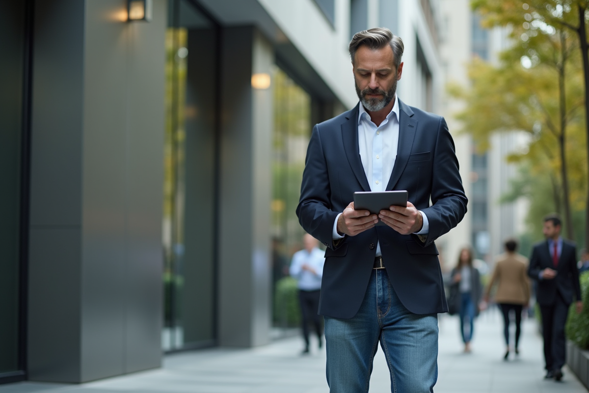 Homme confiant dans la rue urbaine avec tablette