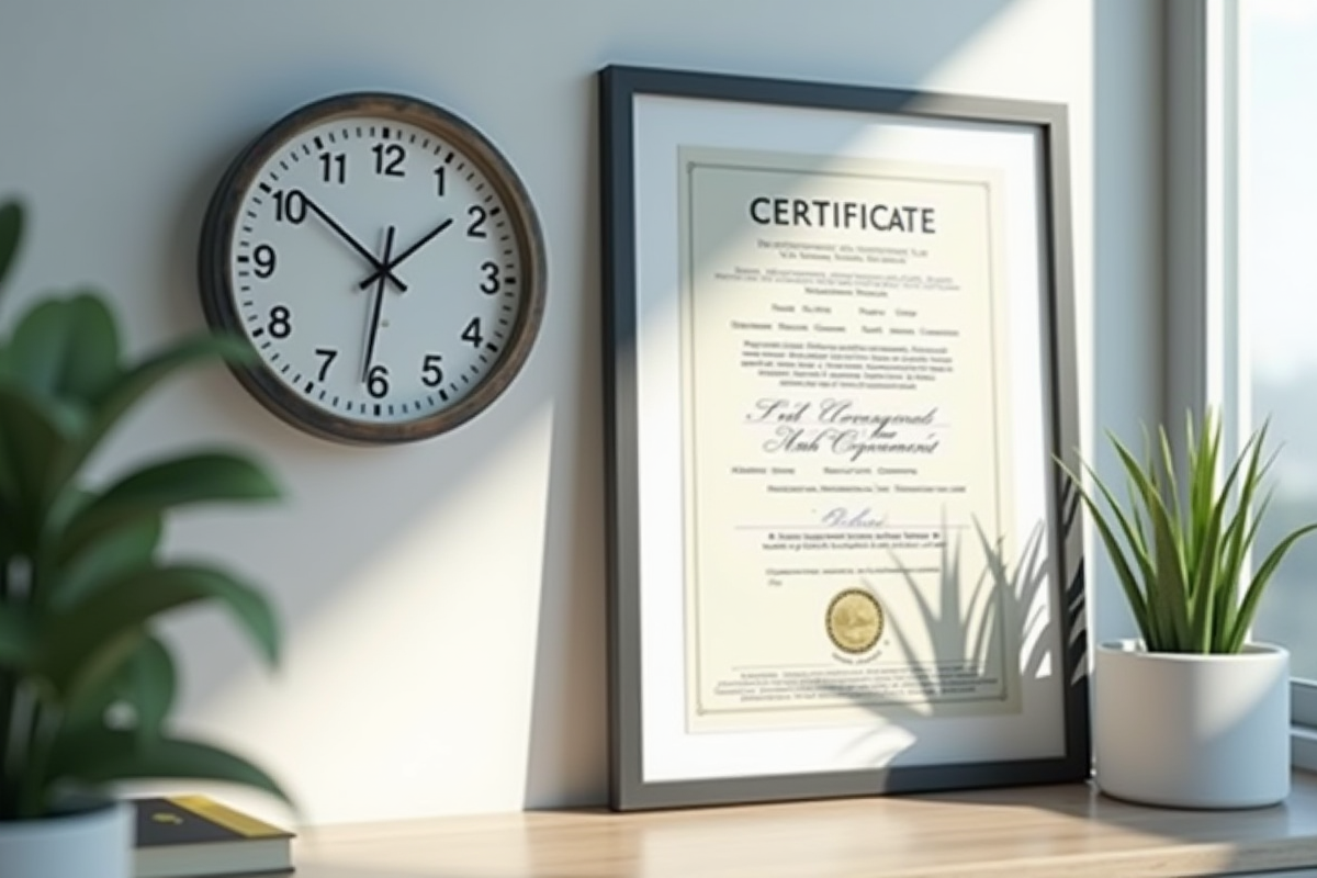 Horloge murale et certificat encadré dans un espace de travail moderne