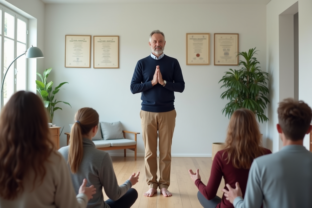 Instructeur montrant une technique de respiration en studio