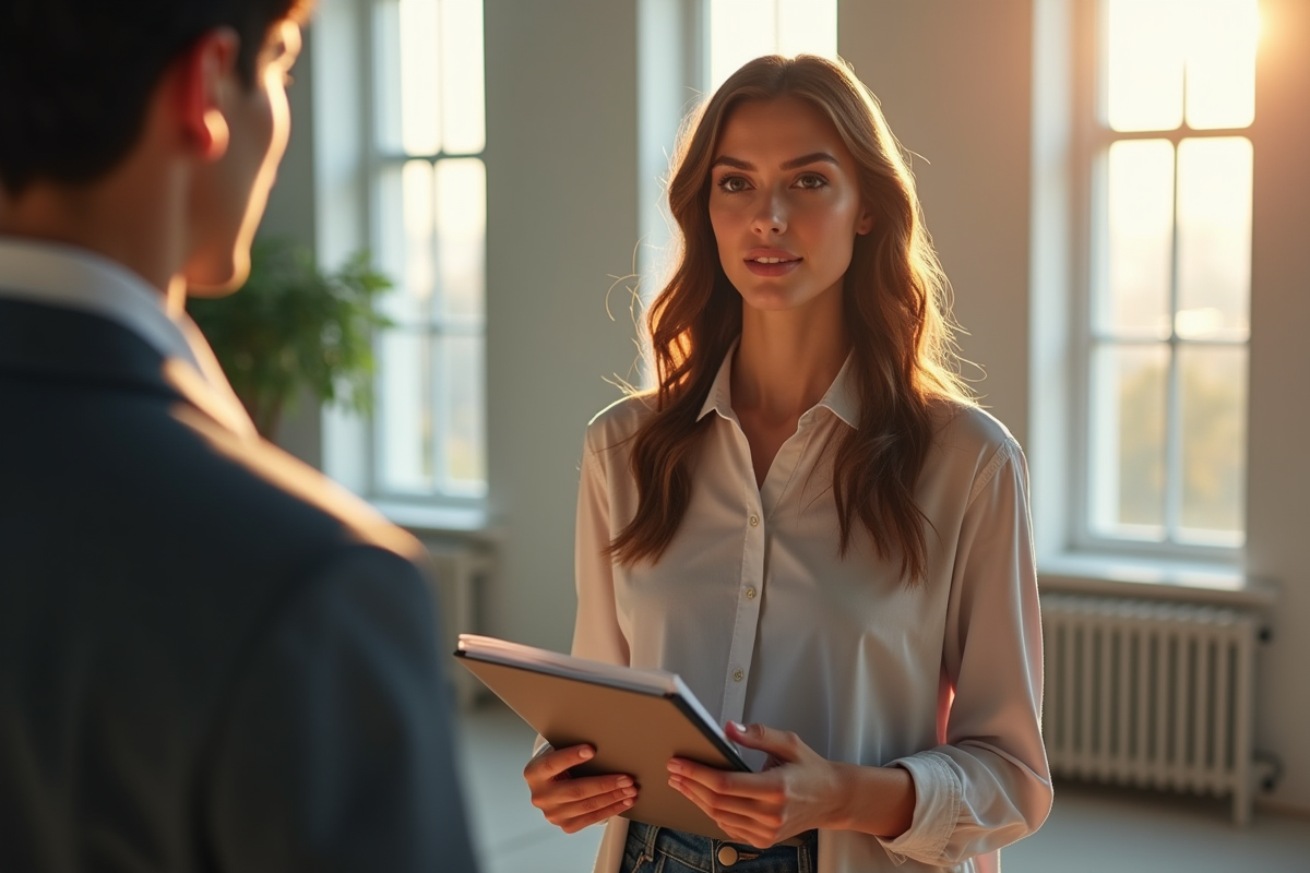 Jeune femme confiante devant un panel de casting avec portfolio