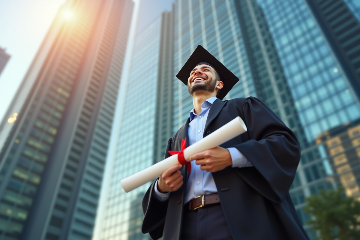 Diplômé en finance souriant devant un bâtiment moderne