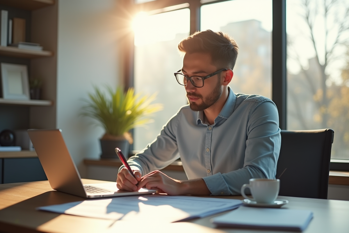 Jeune entrepreneur au bureau avec plan et ordinateur