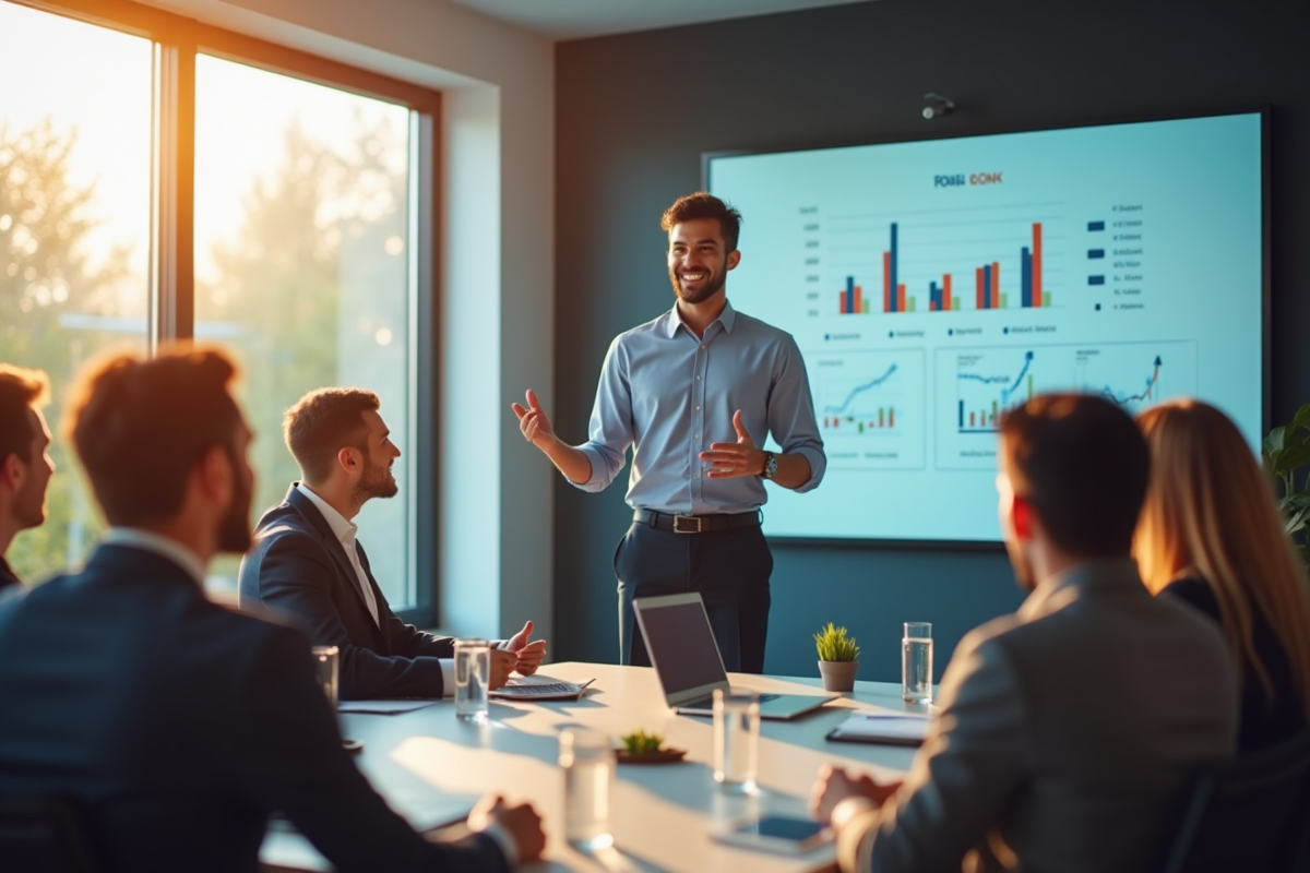 Jeune entrepreneur présentant son projet devant des investisseurs