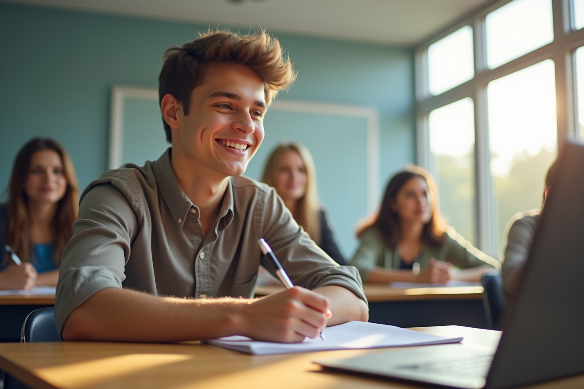Jeune adulte prenant des notes en classe moderne avec sourire