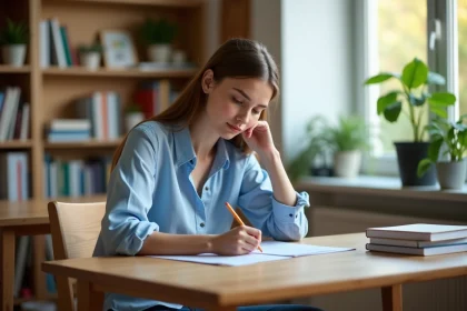 Jeune femme concentrée en test d'anglais dans un bureau lumineux