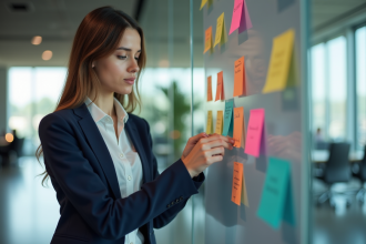 Jeune femme en bureau examinant des notes colorées