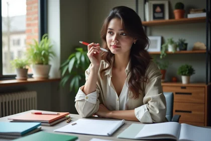 Jeune femme en bureau organis&eacute; avec planners et dossiers