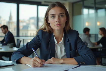 Jeune femme en bureau attentivement prise de notes
