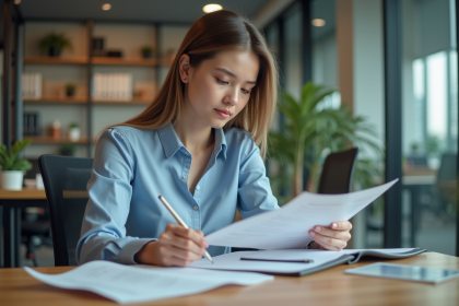 Jeune femme au bureau en train de travailler et prendre des notes