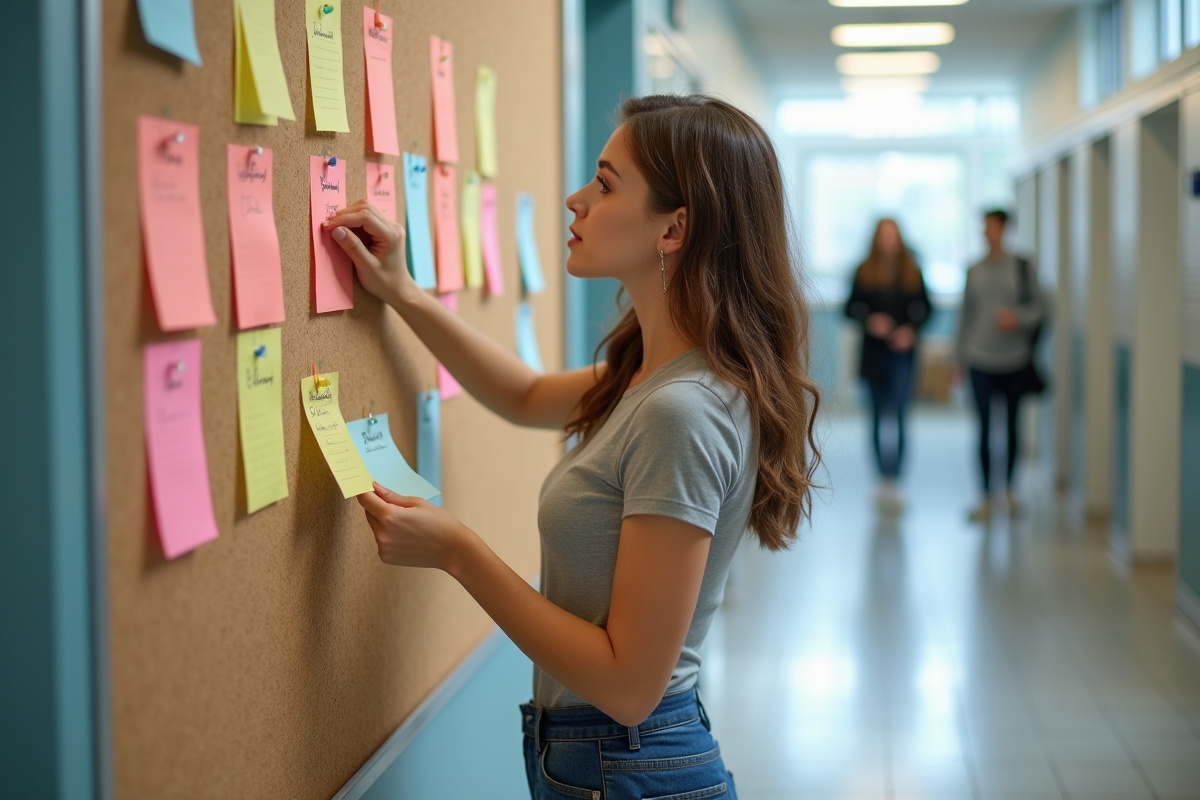 Jeune femme épinglant notes sur un tableau dans un couloir
