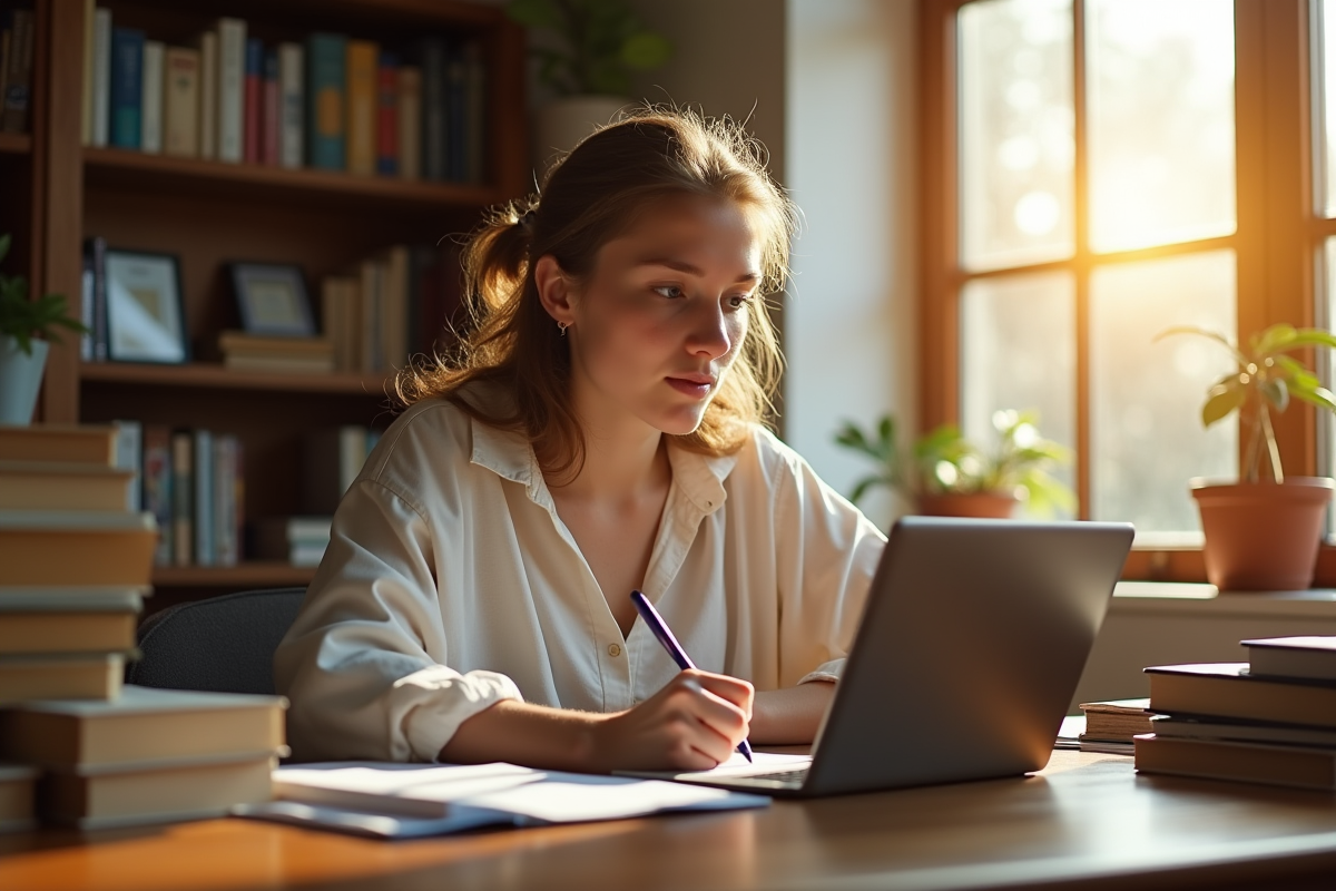Jeune femme concentrée à étudier près d'une fenêtre ensoleillée