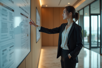 Jeune femme en blazer examine un mur de lois dans un bureau moderne