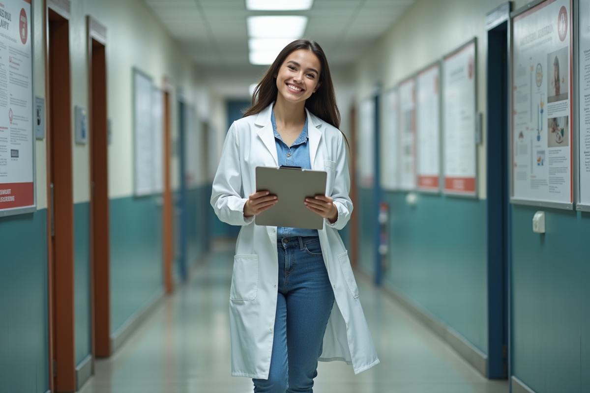 Jeune femme scientifique souriante dans un couloir universitaire
