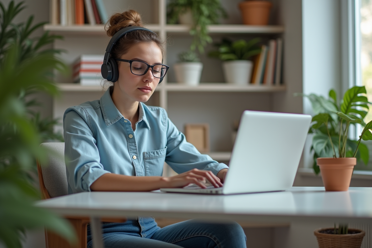 Jeune femme concentrée transcrivant audio dans un bureau moderne