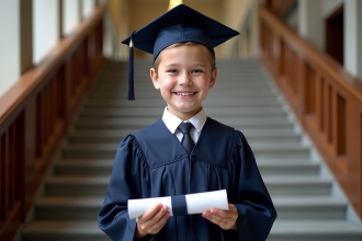 Garçon de 9 ans en robe de graduation tenant un diplôme avec fierté