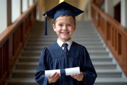Garçon de 9 ans en robe de graduation tenant un diplôme avec fierté