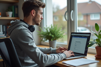 Jeune homme concentré sur un test de conduite en ligne