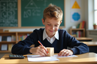 Jeune lyceen en uniforme mesure un cube en bois