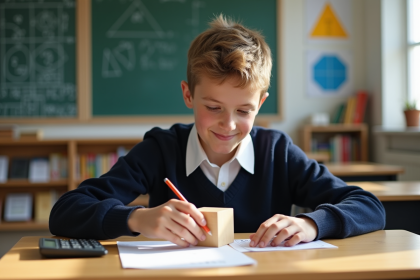 Jeune lyceen en uniforme mesure un cube en bois