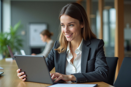 Jeune femme manager confiante avec tablette dans un bureau moderne