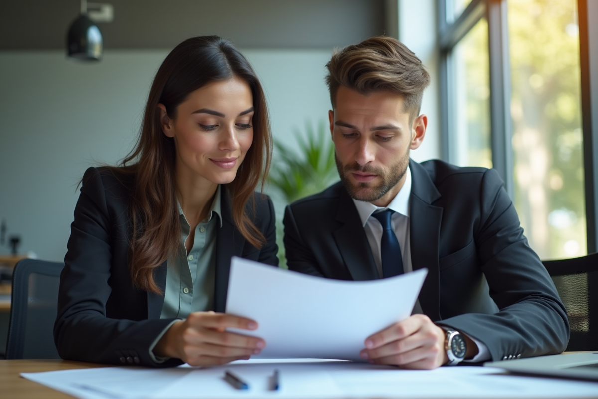Jeune femme et homme en affaires analysant documents de salaire