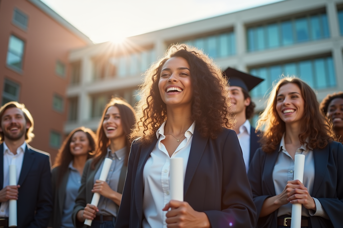 Groupe de jeunes diplômés BTS heureux devant une école