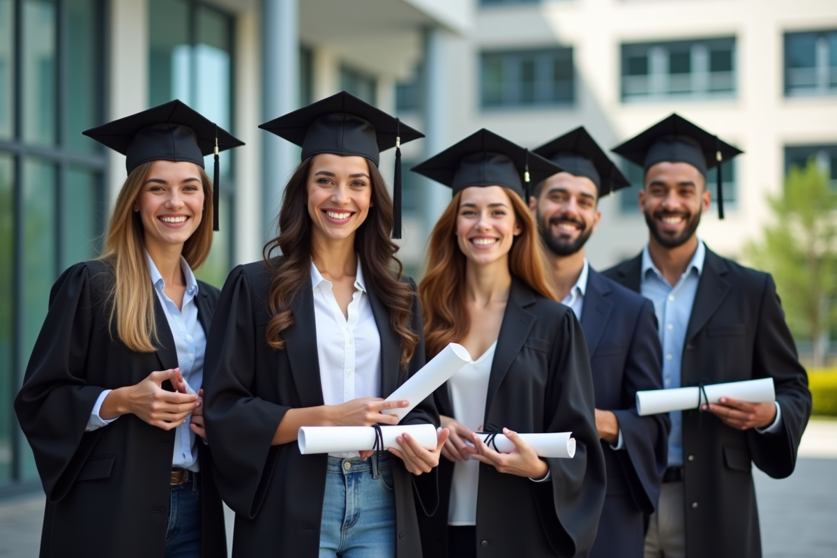 Groupe de jeunes diplômés souriants devant un bâtiment moderne