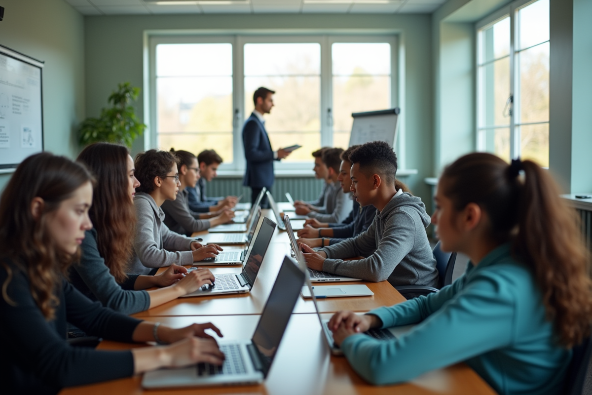 Groupe de lycéens en classe moderne avec un professeur inquiet