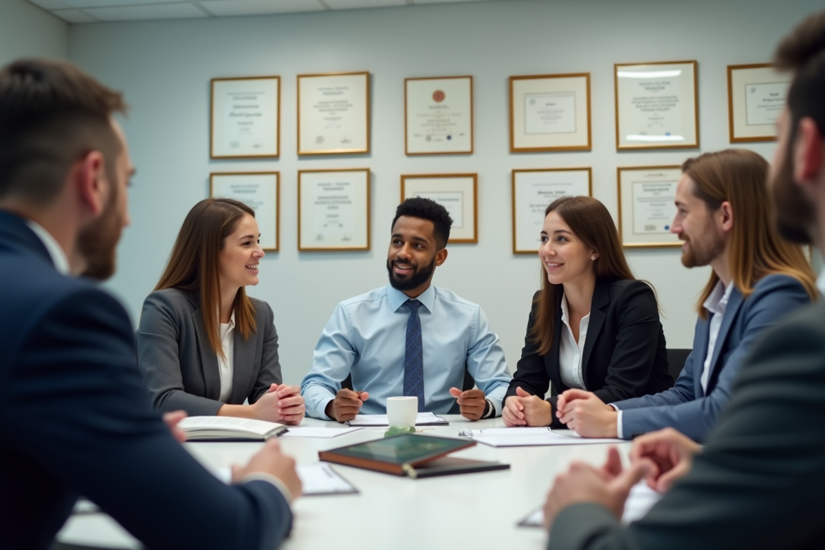 Jeunes professionnels en discussion dans une salle lumineuse