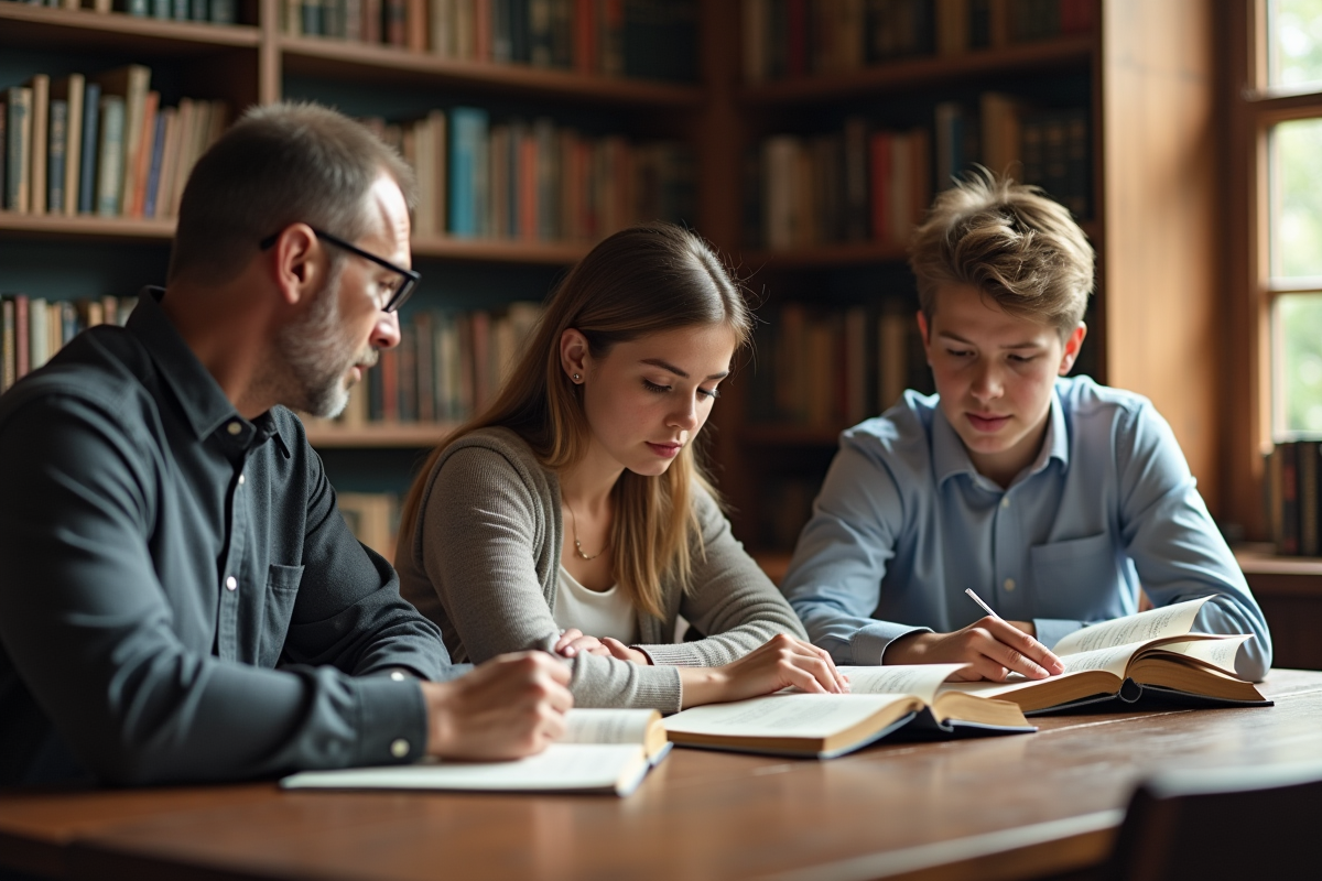 Trois personnes lisant des livres de lois dans une bibliothèque lumineuse