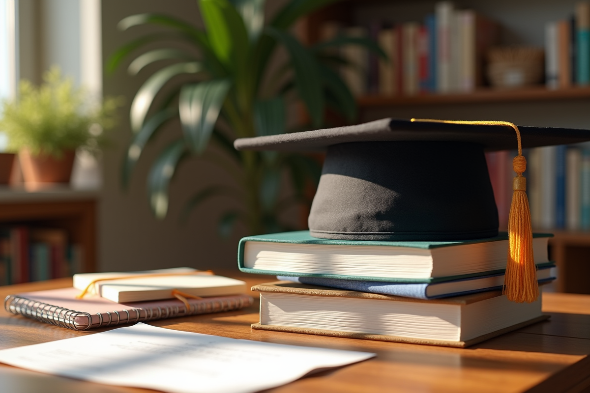 Pile de livres et certificat de réussite sur une table en bois