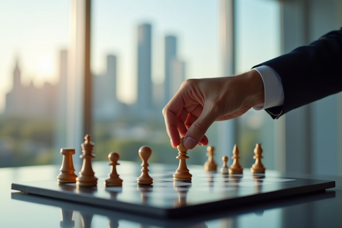 Main d’un dirigeant déplaçant une pièce d’échecs sur un bureau lumineux