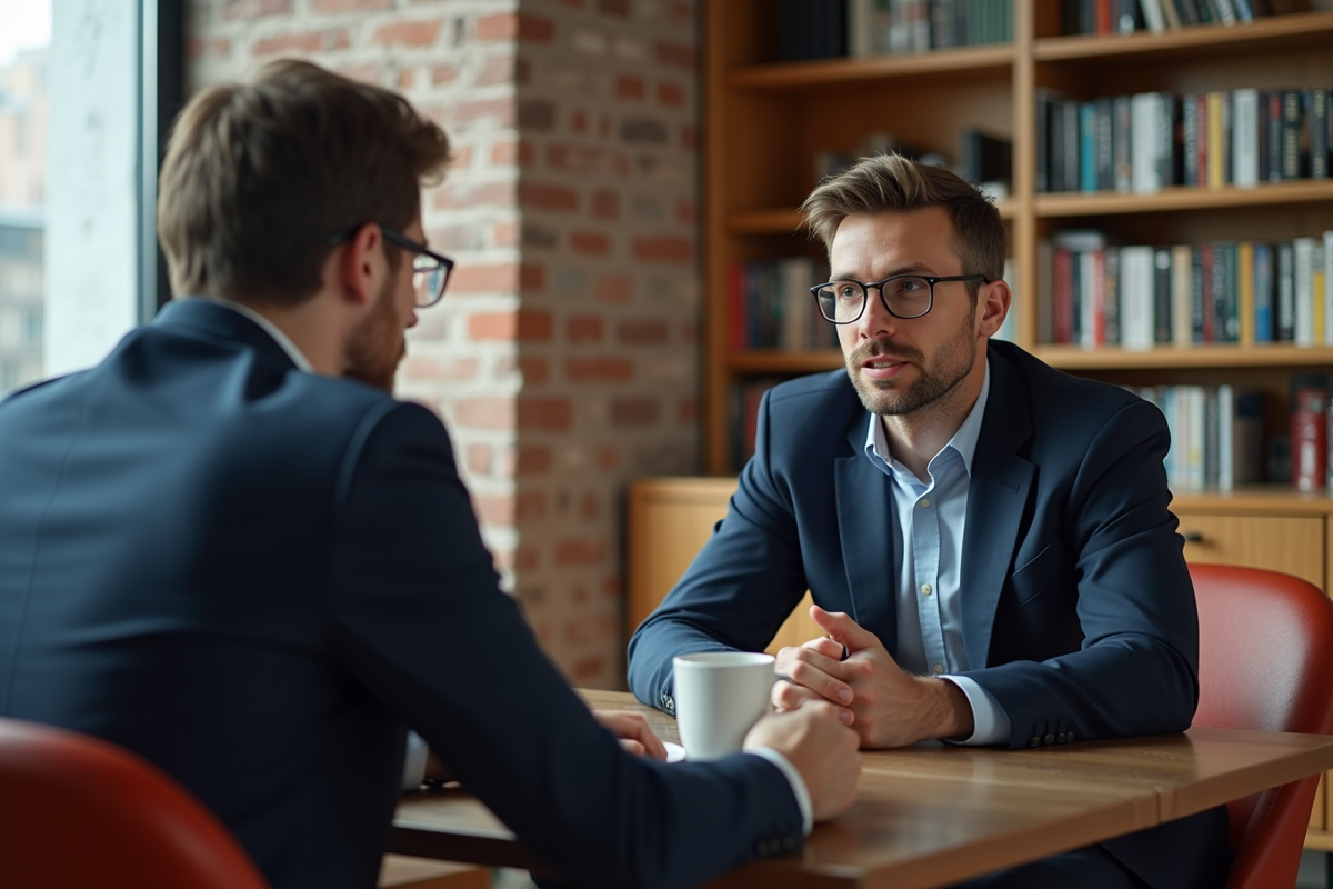 Manager en costume bleu en discussion avec un collègue dans un lounge